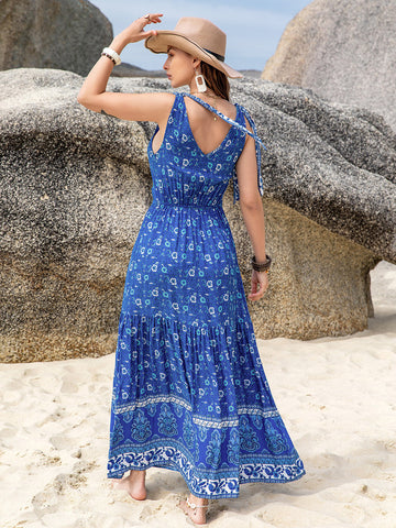 Robe imprimée à col en V et épaules nouées
