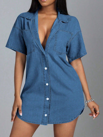 Button Down Collared Neck Denim Dress