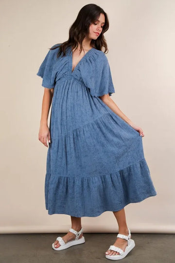 VERY J Mineral Washed Elastic Neck Detail Midi Dress