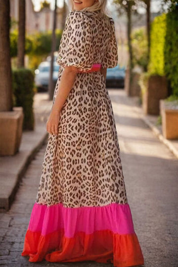 Robe longue léopard à col en V et manches mi-longues