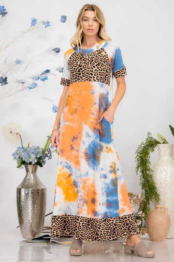 Celeste Full Size Leopard Tie-Dye Button Detail Short Sleeve Maxi Dress Plus Size