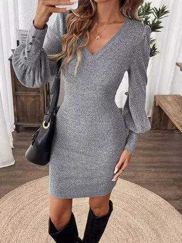 Robe à col en V et manches lanternes