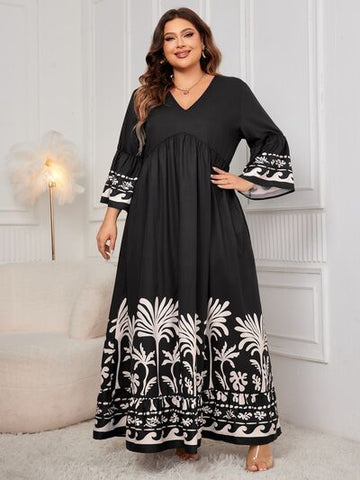 Robe longue imprimée grande taille Honey à col en V et manches longues
