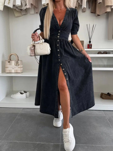 Button Front V-Neck Half Sleeve Denim Dress
