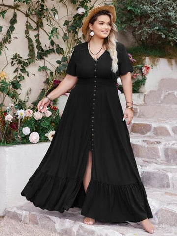 Robe longue boutonnée à ourlet volanté et col en V à manches courtes grande taille