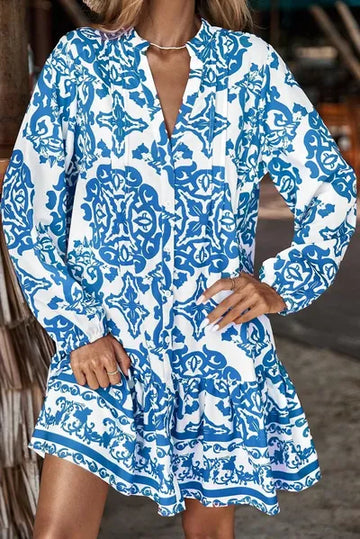 Robe à manches longues crantée imprimée à volants