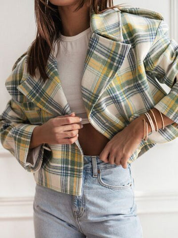 Veste courte à carreaux avec col à revers