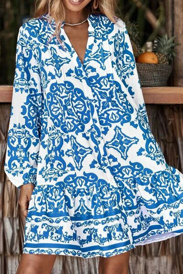 Robe à manches longues crantée imprimée à volants