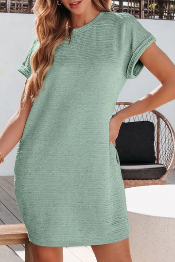 Solid Color Textured Crinkle Short Sleeve T Shirt Dress