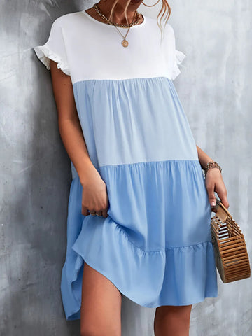 Color Block Round Neck Short Sleeve Dress