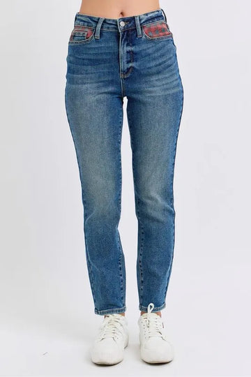 Judy Blue Full Size HW Plaid Patch Slim Fit Jeans Plus Size