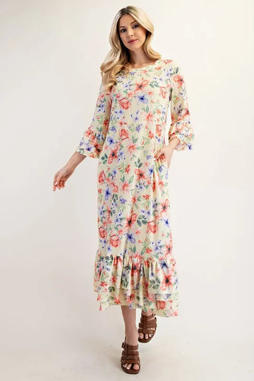 Celeste Full Size Soft Floral Ruffle Trim Dress Plus Size