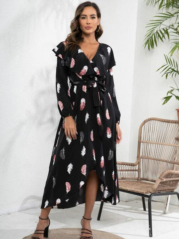 Robe imprimée à manches longues et volants sur le devant