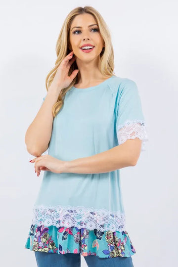 Celeste Full Size Lace Trim Short Sleeve Top Plus Size