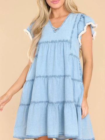 Ruffled Raw Hem Cap Sleeve V-Neck Denim Dress