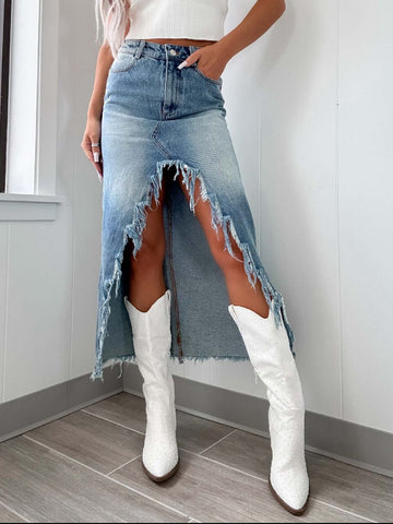Jupe en jean asymétrique taille haute à ourlet brut