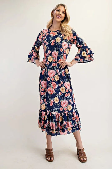 Celeste Full Size Soft Floral Ruffle Trim Dress Plus Size