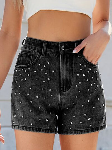 Rhinestone Washed High Waist Denim Shorts
