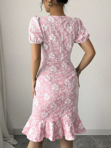 Ruffled Hem Flower Round Neck Short Sleeve Dress