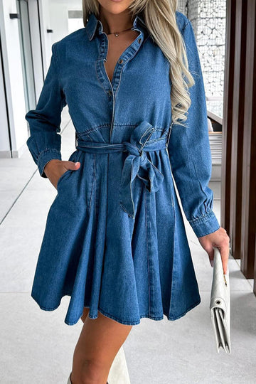 Robe en jean à manches longues et demi-boutons noués