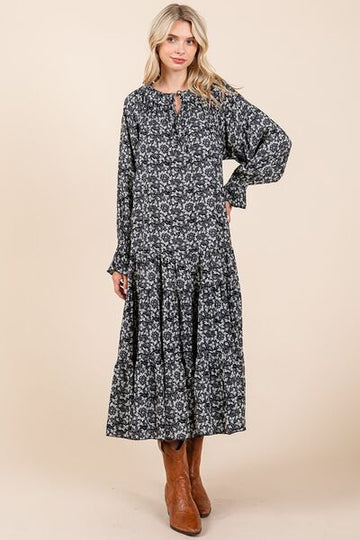 Robe mi-longue imprimée Mittoshop à col noué et manches volantées