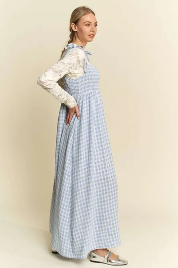 Davi & Dani Plaid Smocking Sleeveless Maxi Dress