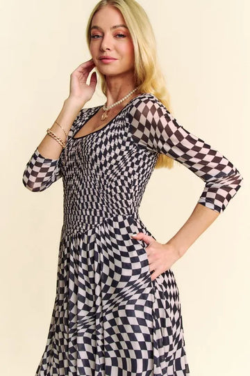 Davi & Dani Printed Checker Mesh Flowy Maxi Dress