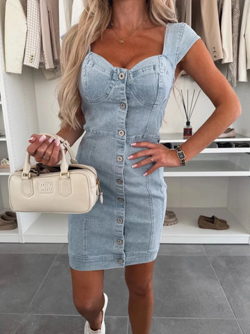 Sweetheart Neck Cap Sleeve Denim Dress
