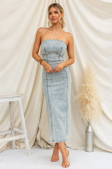 Washed Slit Back Tube Denim Dress