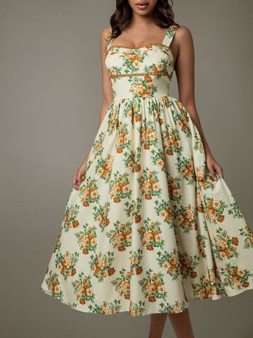 Robe mi-longue sans manches à fleurs et bordure en dentelle