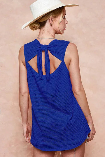 BiBi Popcorn Waffle Open Back Top with Tied Ribbon