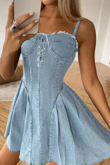 Lace Up Denim Cami Dress