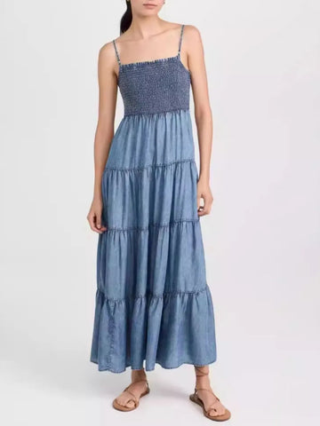 Smocked Square Neck Tiered Denim Cami Dress with Adjustable Shoulder Straps
