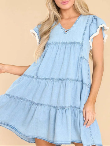 Ruffled Raw Hem Cap Sleeve V-Neck Denim Dress