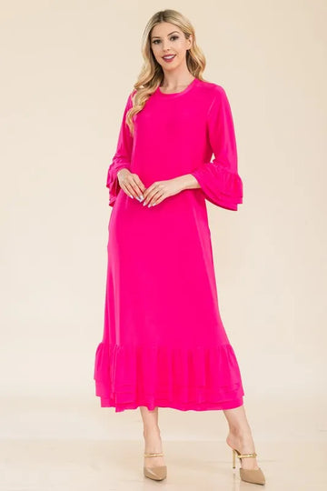Celeste Full Size Modest Midi Dress with 3/4 Ruffle Bell Sleeves Plus Size