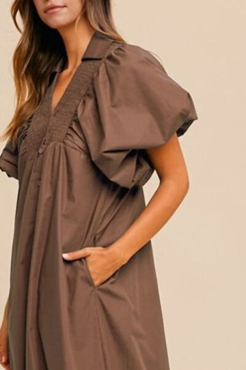 Robe mi-longue à manches bouffantes et smockées Annie Wear