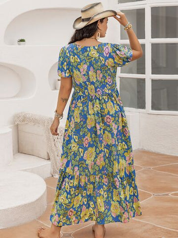 Robe longue imprimée grande taille à col en V et manches courtes