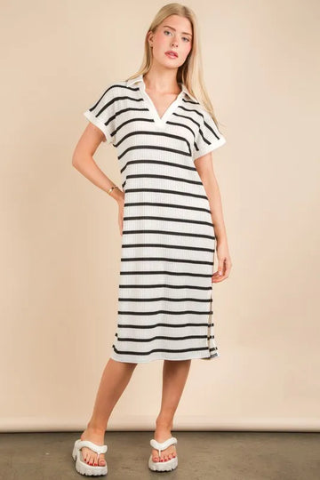 VERY J Oversized Collared Striped Knit Midi Dress