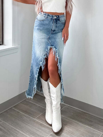 Jupe en jean asymétrique taille haute à ourlet brut