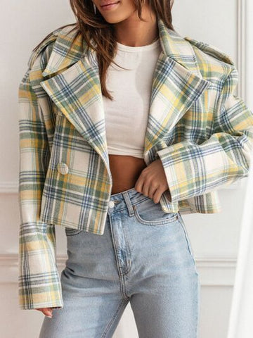 Veste courte à carreaux avec col à revers
