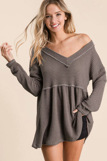 Chemisier babydoll col V en tricot gaufré BiBi