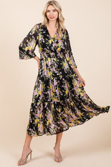 Robe mi-longue à smocks en satin lurex à imprimé fleuri Mittoshop