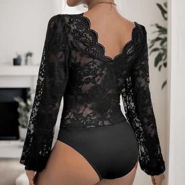 Body plongeant à manches longues en dentelle Perfee