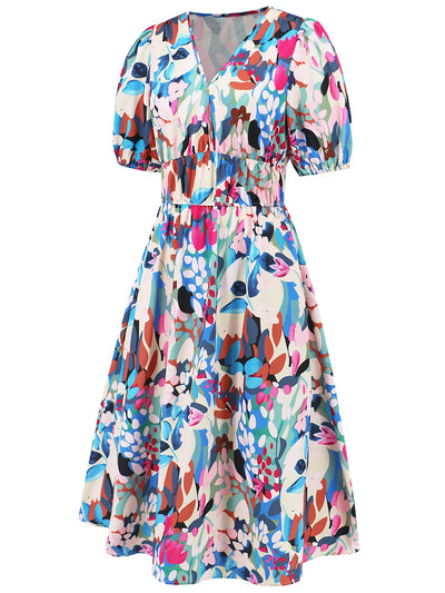 Ruched Printed Surplice Short Sleeve Dress