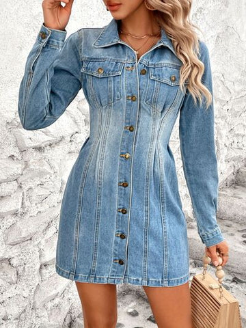 Robe en jean à manches longues et boutons avec poches