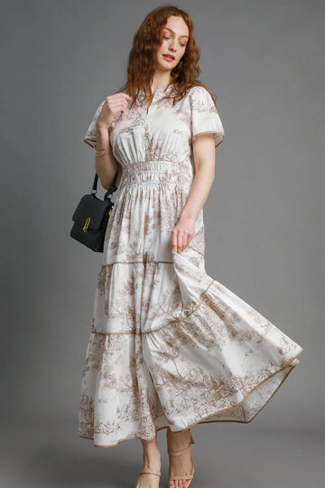 Umgee Full Size Landscape Print Short Sleeve Tiered Maxi Dress Plus Size