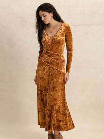 V-Neck Long Sleeve Midi Dress