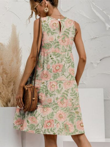 Robe sans manches à col rond et imprimé à volants FAM-FAM