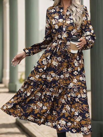 Robe midi imprimée à manches longues et crantée Perfee