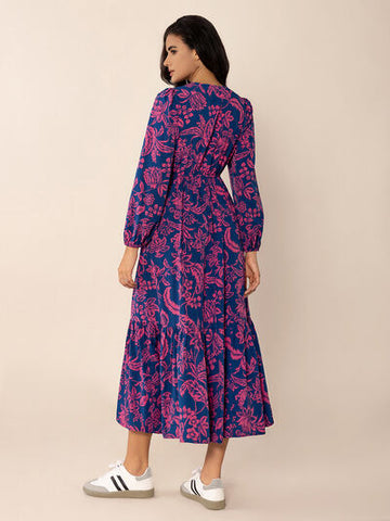 Robe midi imprimée à col en V et manches longues